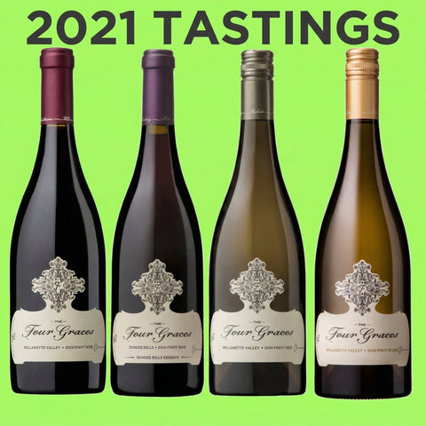 Four bottles of Four Graces wine with a green background and '2021 Tastings' text.