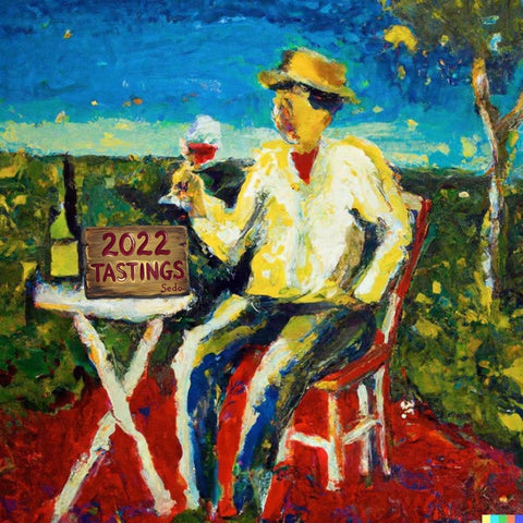 Painting of a man sitting outdoors with a glass of wine, holding a sign with '2022 Tastings' text.