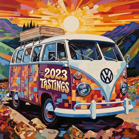 Colorful vintage van with '2023 Tastings' text against a vibrant sunset and mountain backdrop.