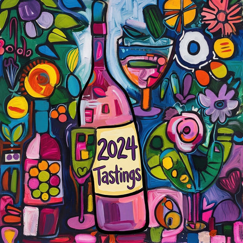 Colorful abstract painting with '2024 Tastings' text and wine bottles.