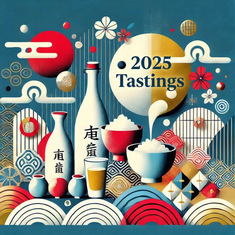 Illustration of 2025 Tastings with Japanese sake bottles and glasses on a colorful background.