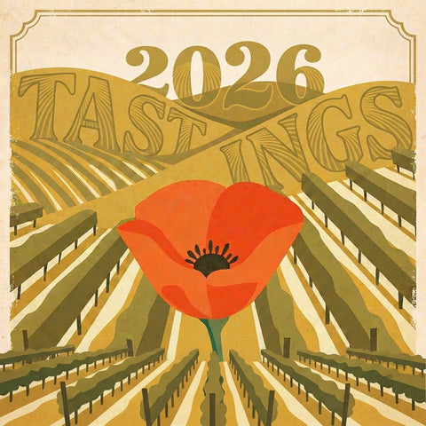 Illustration of a red poppy flower with rows of benches and '2026 TASTINGS' text on a patterned background.