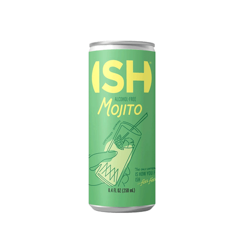 Green can of 'ISH' alcohol-free mojito on a green background