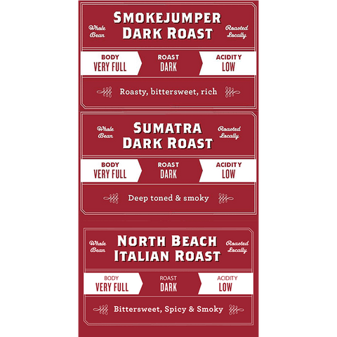 Image displaying three labels of coffee bags included in the Roaster's Collection - Dark Roast Coffee Pack. The labels are for Smokejumper Dark Roast, Sumatra Dark Roast, and North Beach Italian Roast.
