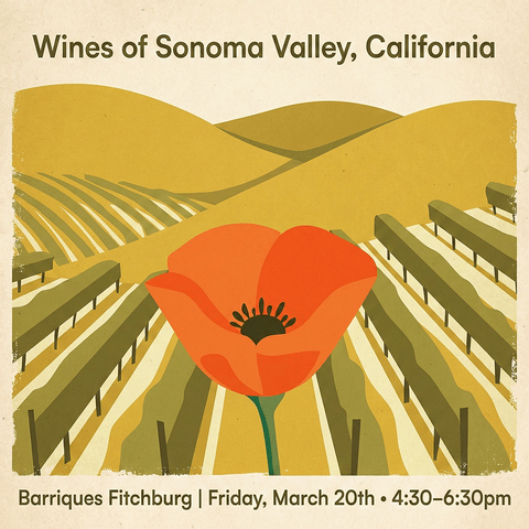 Promotional poster for Wines of Sonoma Valley, California with a red poppy and vineyard landscape.