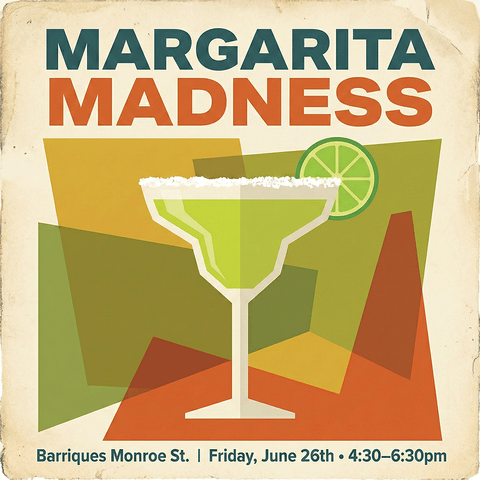 Promotional poster for 'Margarita Madness' event with a margarita graphic and event details.