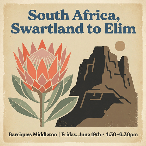 Promotional poster for 'South Africa, Swartland to Elim' event with protea flower and mountain silhouette.