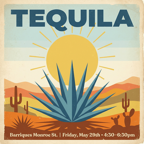Tequila advertisement with desert landscape, agave plant, and cacti.